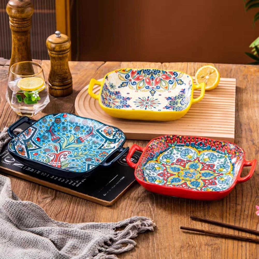 Cerelle Ceramic Oven Plate and Serving Dish with Handles – Decorative Baking Dish for Roasting Cooking and Dining Table