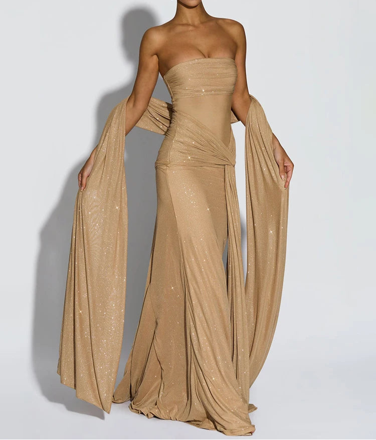 Soreina Strapless Glitter Maxi Dress – Black Tie Bodycon Gown with Drape Detail for Formal Parties & Evening Wear