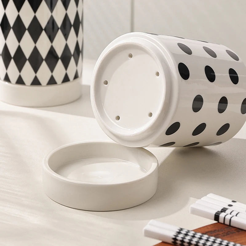 Kitchen Utensil Holder – Ceramic Cutlery Caddy, Utensil Crock, Chopstick Holder and Kitchen Countertop Organiser with Drip Base, Geometric Designs
