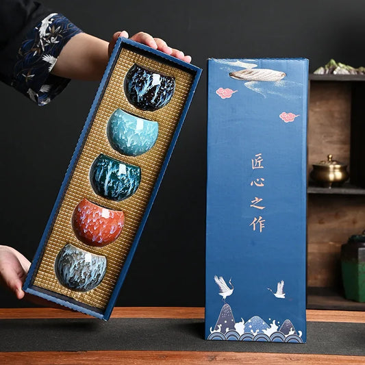 Traditional Ceramic Tea Cup Gift Set – 5 Assorted Glazed Cups in Decorative Gift Box
