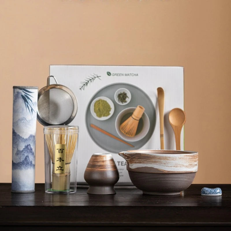 Kuroya Japanese-Style Matcha Gift Set – 8 Piece Ceramic Matcha Whisk Set with Bowl, Bamboo Whisk and Accessories