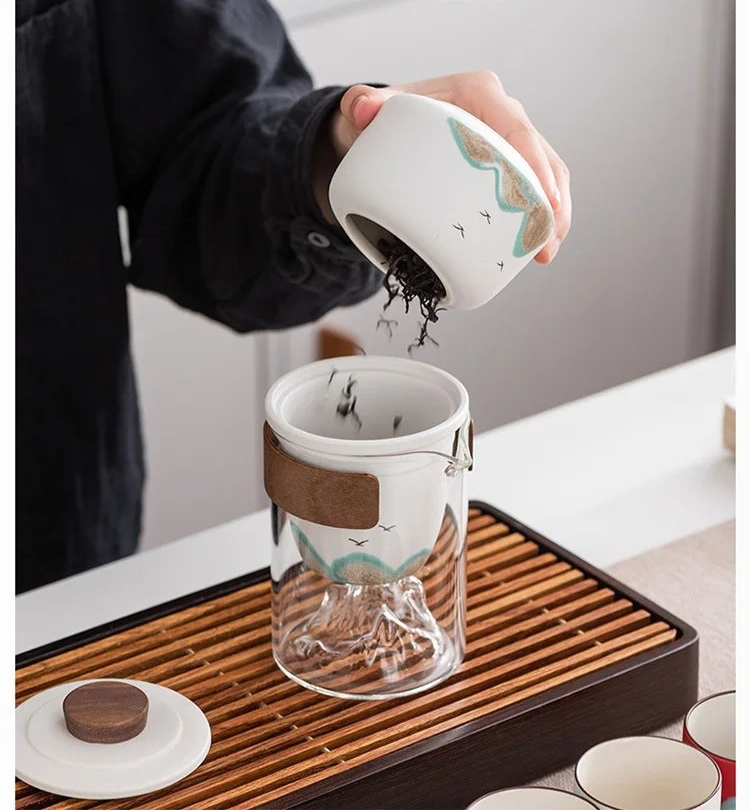 Hand-Painted Mountain Ceramic Tea Set with Tea Holder – 6-Piece Teapot & Four Cups Gift Box