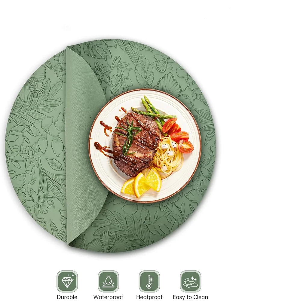 Botanical Round Dining Placemats – Faux Leather Floral Table Mats, Non Slip Wipe Clean Kitchen & Dining Table Mats