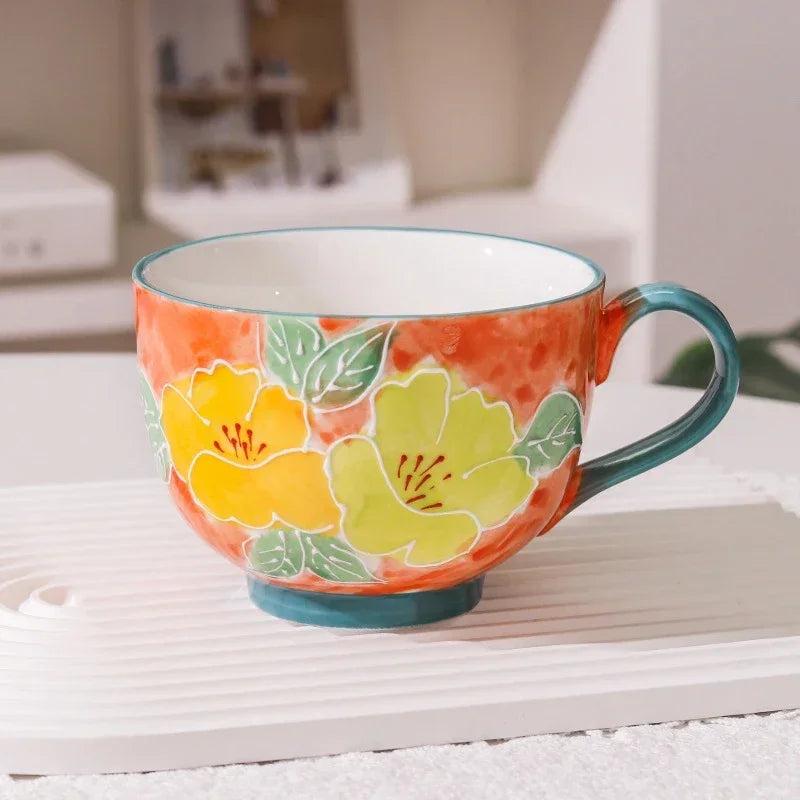Summer Bloom Hand-Painted Ceramic Tea & Coffee Mug – 500ml