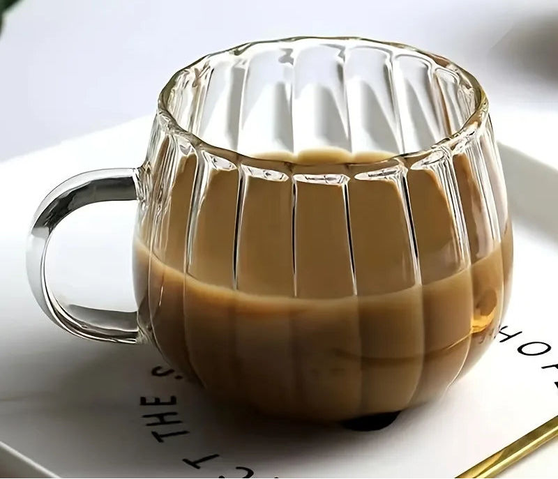 Ribbed Glass Tea & Coffee Mug – Clear Glass Cups with Handle