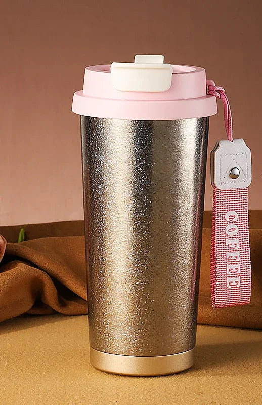 Titanium Travel Coffee Mug with Leak-Proof Lid & Carry Strap – 500ml Insulated Tumbler for Hot & Cold Drinks