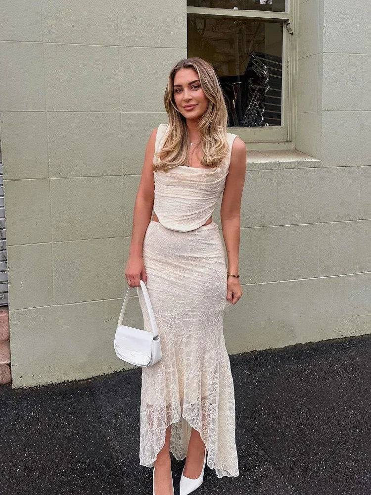 Mirelia Lace Two-Piece Co-Ord – Ivory Ruched Crop Top & Maxi Skirt Set for Party, Eveningwear & Wedding Guests