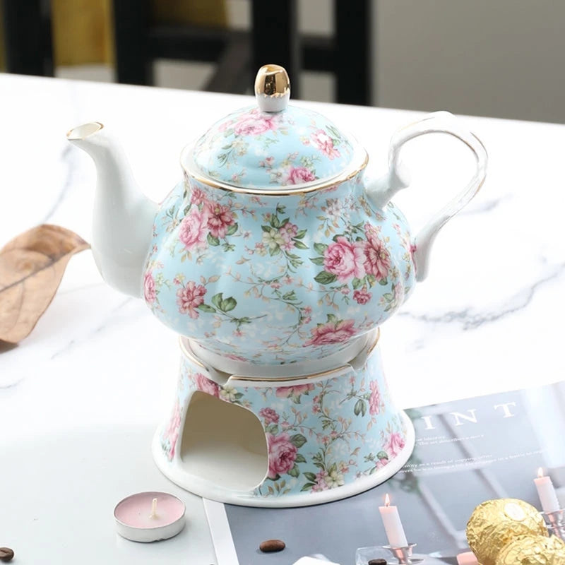 English Garden Ceramic Teapot with Candle Warmer – Vintage Floral Afternoon Tea Pot