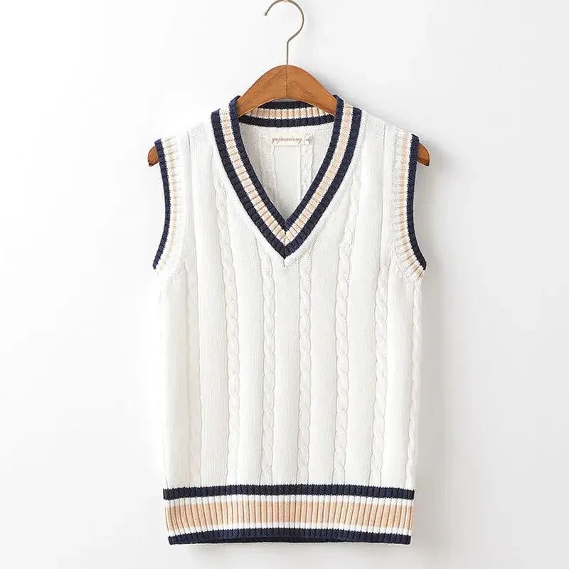 Sleeveless Cable Knit Vest with Stripe Trim – White & Navy Pullover Jumper Top for Men