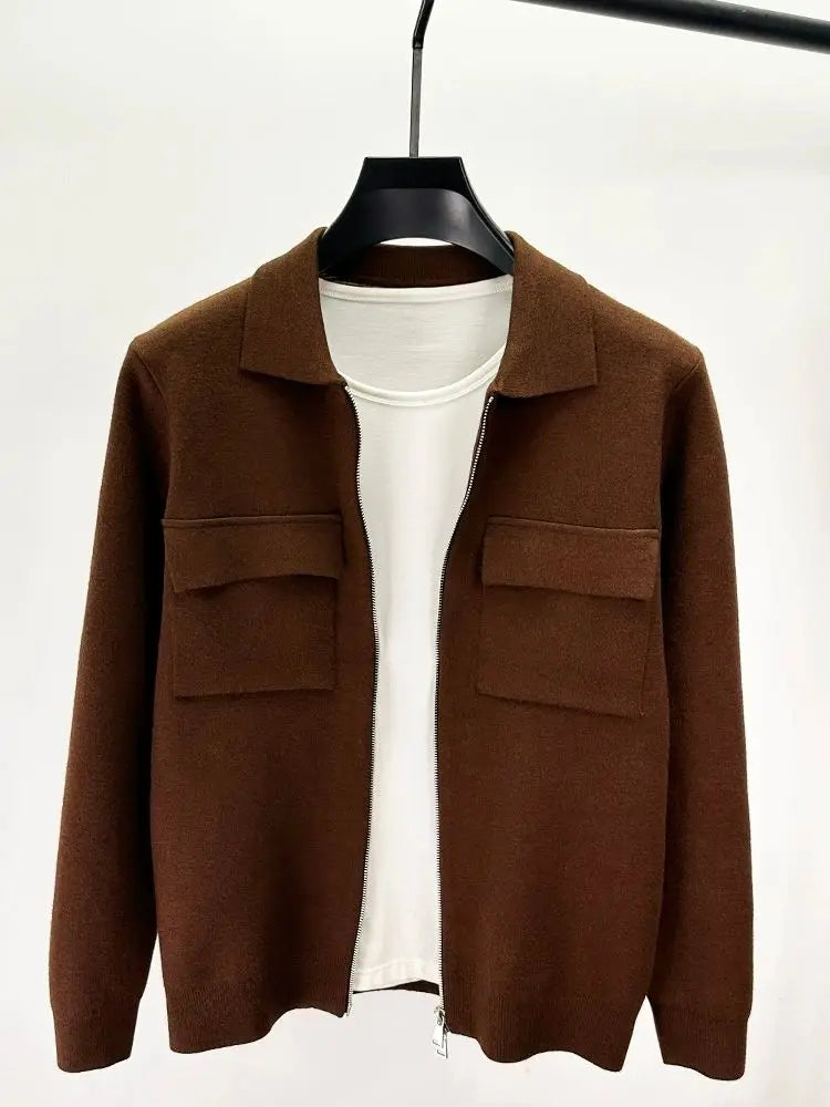 Men's Wool Blend Zip-Up Cardigan Jacket – Smart Casual Knit Overshirt with Utility Pockets and Turn-Down Collar