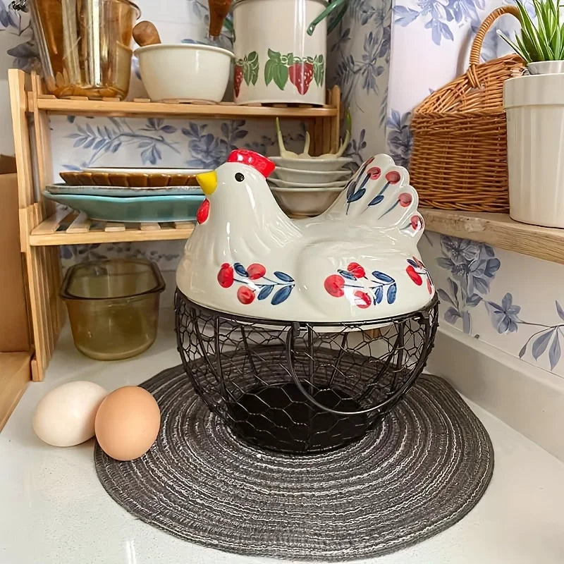 Clovelle Hen Ceramic Egg Holder Basket – Farmhouse Chicken Egg Storage Container with Lid for Kitchen Counter, Fruit and Vegetable Storage