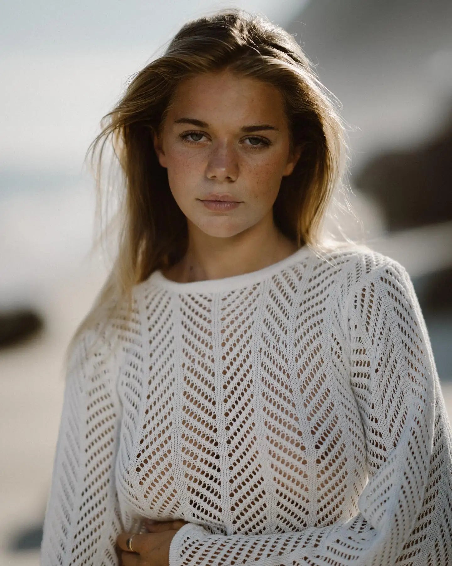 Zireya Backless Crochet Knit Mini Dress – Long Sleeve Sheer Swimwear Cover Up Beach Dress