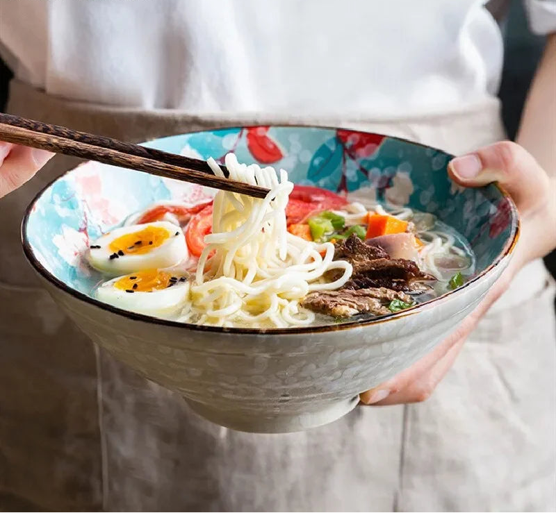 Sakura Ceramic Ramen Bowl – Japanese Style Floral Noodle Soup Rice Bowl Deep Serving Bowl Kitchen Tableware