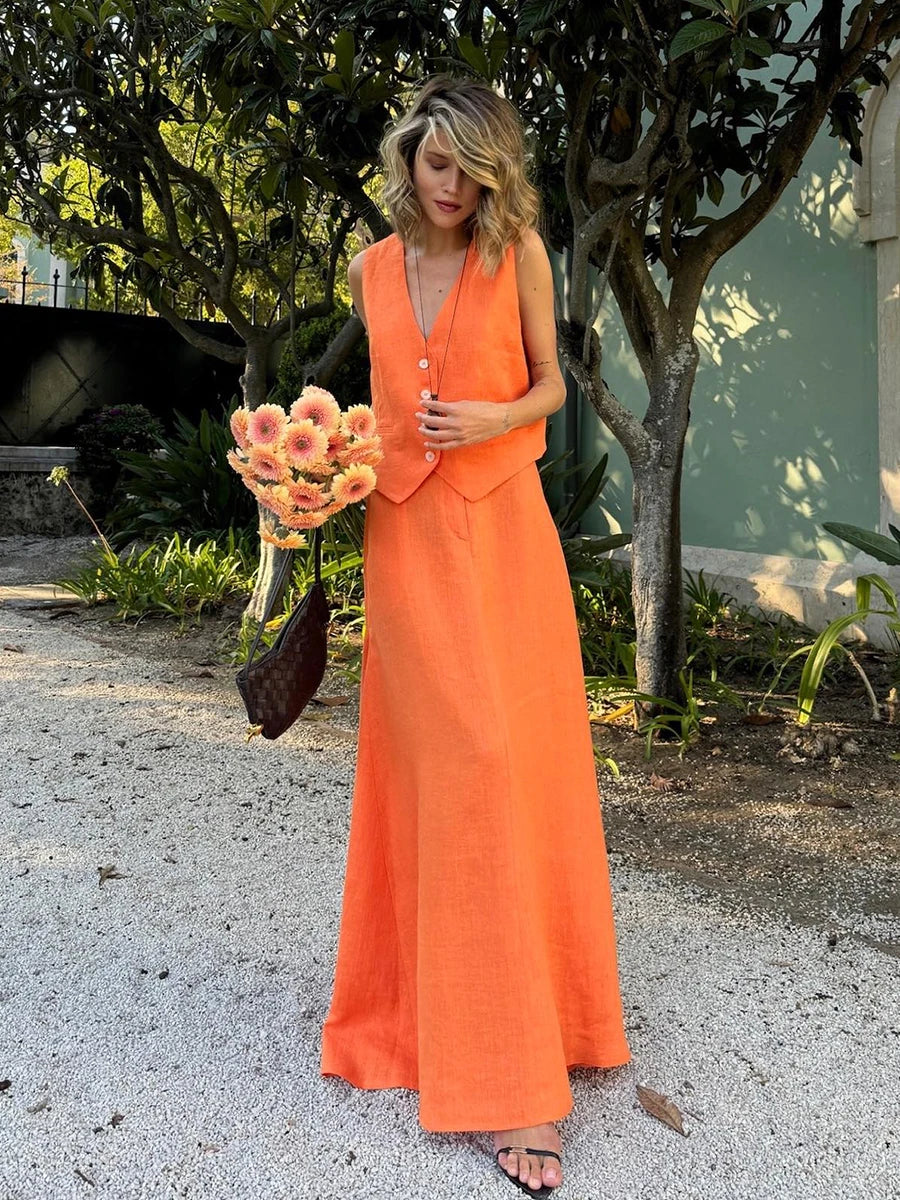 Arancia Orange Waistcoat & Maxi Skirt Co-Ord Set – Tailored Linen Two-Piece Summer Holiday Outfit for Women