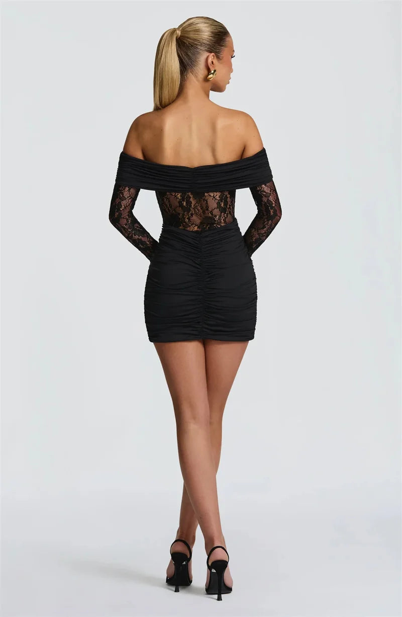 Serelisse Off-Shoulder Lace Mini Dress – Ruched Long-Sleeve Party & Clubwear Evening Outfit