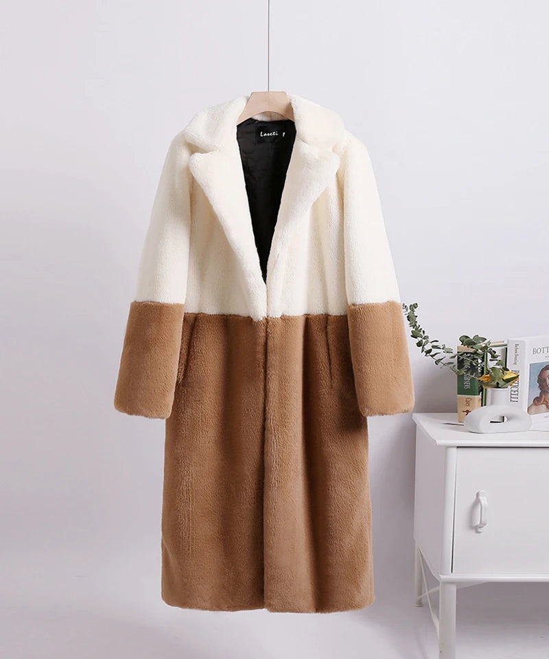 Melina Colour-Block Faux Fur Long Coat-Stylish Winter & Casual Outerwear