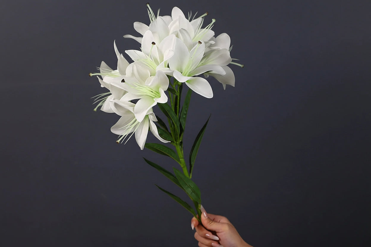 Lilyana Silk Lily Stem – Faux Lily Flower Bouquet with 10 Heads for Tall Vases, Wedding Flowers and Home Décor