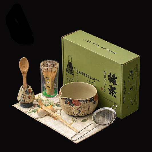 Japanese Matcha Gift Set – 2/4/8 Piece Tea Ceremony Kit with Floral Bowl, Bamboo Whisk & Tools