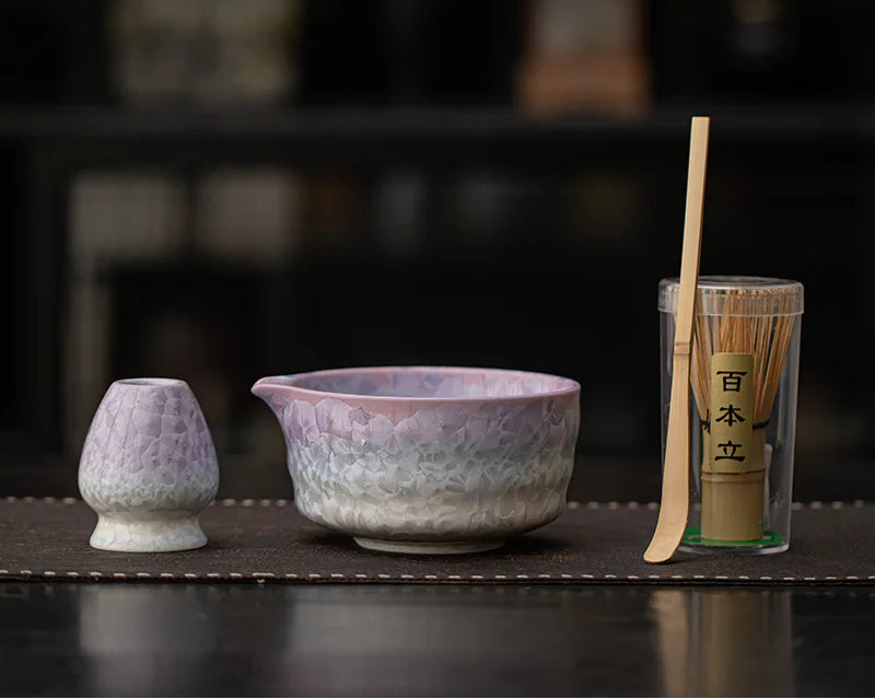 Hyoka Glaze Ceramic Matcha Tea Set – 4 Piece & 8 Piece Matcha Starter Kit, Matcha Bowl with Whisk, Scoop, Strainer and Accessories