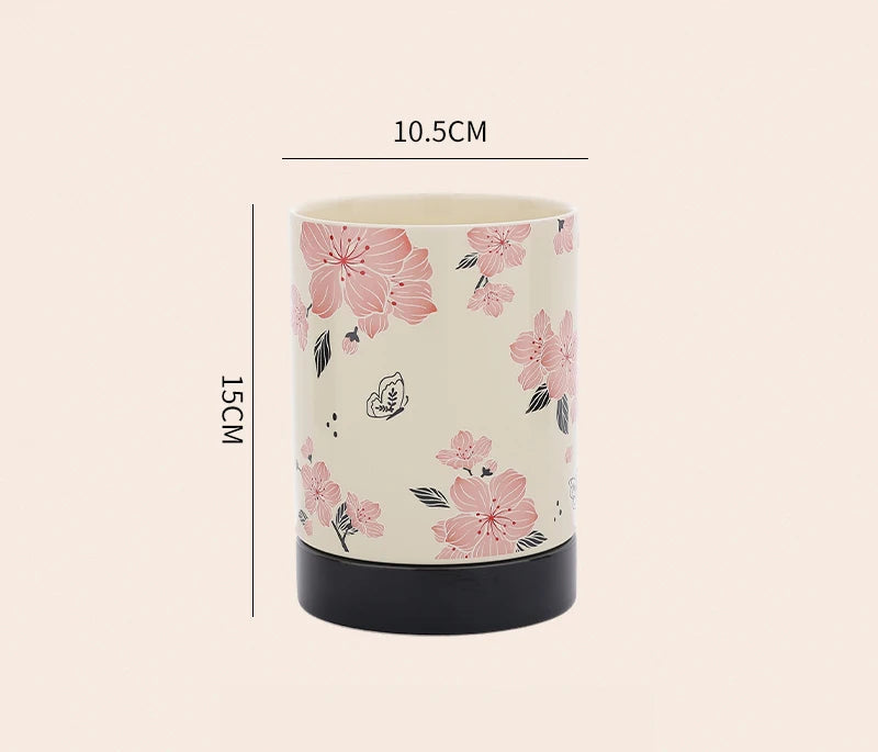 Floral Ceramic Kitchen Utensil Holder with Drain Tray – Cutlery Caddy, Chopstick Holder, Spoon & Fork Storage Jar