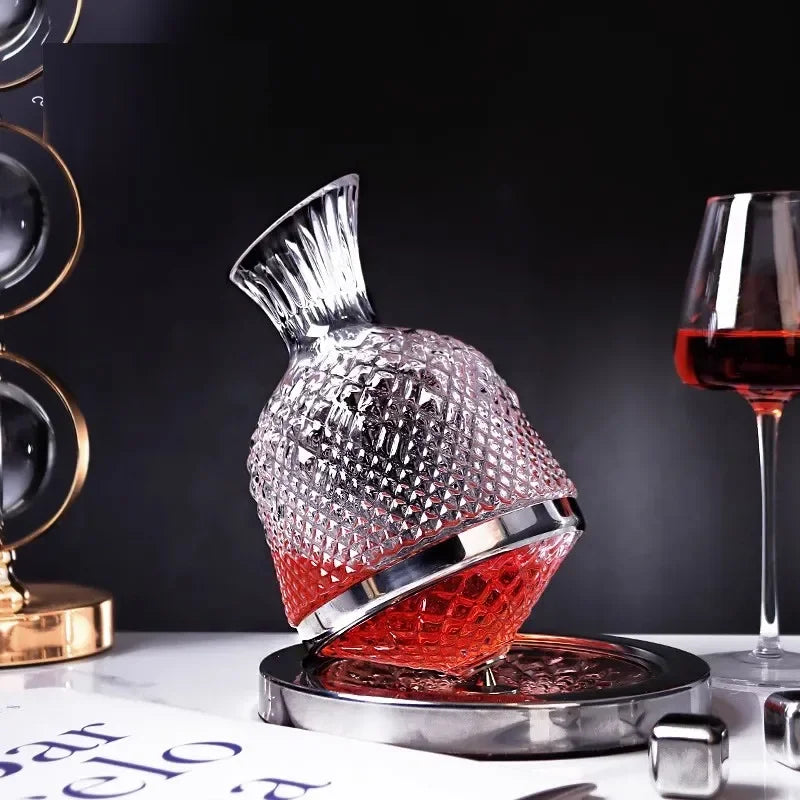Rotating Crystal Whiskey Decanter with Gold/ Silver Base – 1.5L, Luxury Glass Liquor Carafe for Home Bar