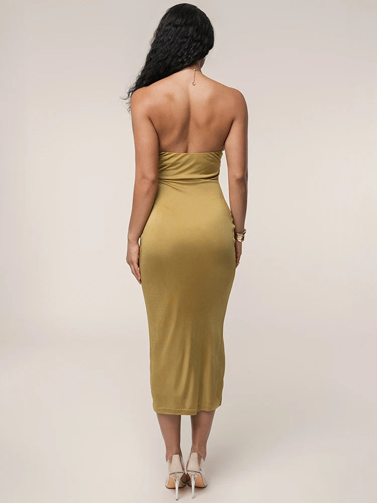 Leona Halterneck Cut-Out Midi Dress with Gold Ring Detail – Black, Pink and Olive Green Bodycon Holiday Dress