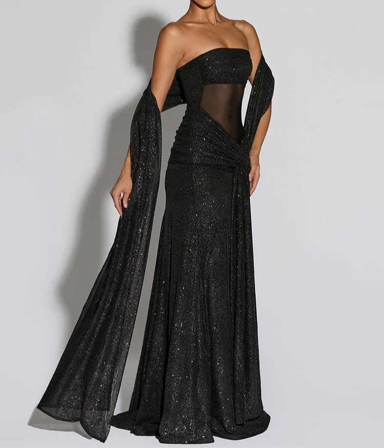 Soreina Strapless Glitter Maxi Dress – Black Tie Bodycon Gown with Drape Detail for Formal Parties & Evening Wear