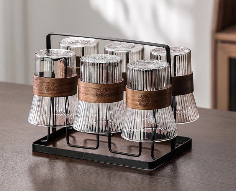 Ribbed Glass Carafe & Tumbler Set with Wooden Lid, Stand and Tray – Elegant Water & Juice Pitcher for Dining and Entertaining