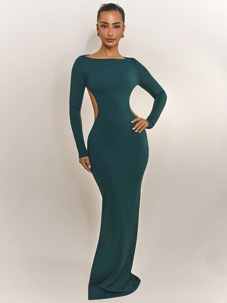Naevia Long Sleeve Backless Maxi Dress – Open Back Bodycon Evening Gown with Bow Detail