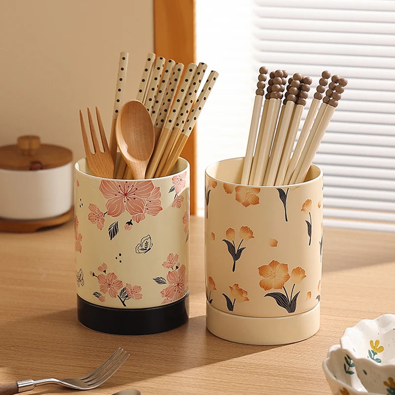 Floral Ceramic Kitchen Utensil Holder with Drain Tray – Cutlery Caddy, Chopstick Holder, Spoon & Fork Storage Jar