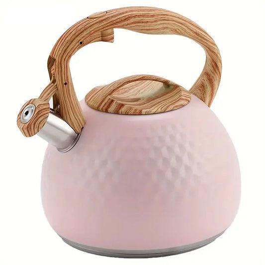 Stainless Steel Whistling Kettle – 3L Teapot with Wood-Effect Handle for Gas, Electric & Induction Hob, Available In Black, Pink, White, Beige