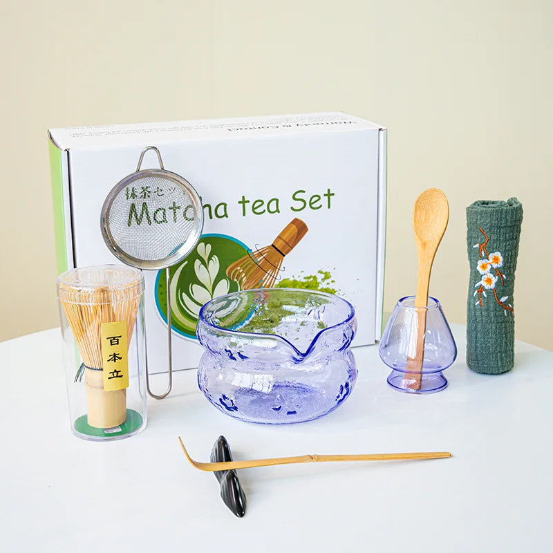 Akari Glass Matcha Tea Set – Pink & Purple Matcha Bowl Kit with Whisk, Scoop and Strainer, Complete Matcha Starter Gift Set