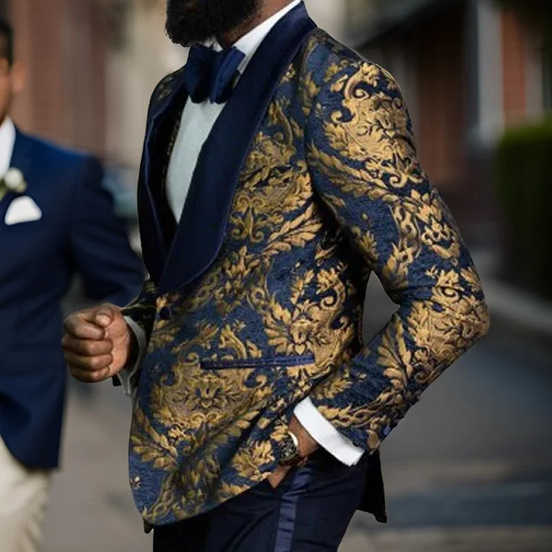 Carriston Men’s Navy and Gold Brocade Slim Fit Tuxedo Jacket – Satin Shawl Lapel Evening Dinner Jacket