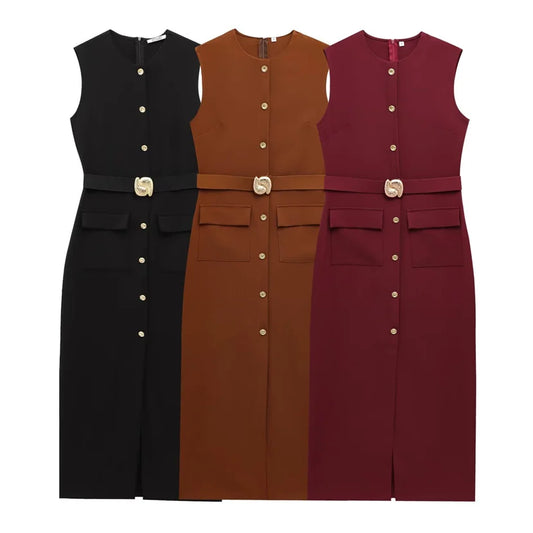 Marisse Belted Button Front Midi Dress – Sleeveless Smart Casual Dress in Black, Brown & Red Wine