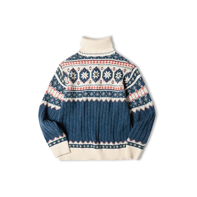 Men's Fair Isle Knit Polo Neck Jumper – Nordic Ribbed Pullover Winter Knitwear for Men