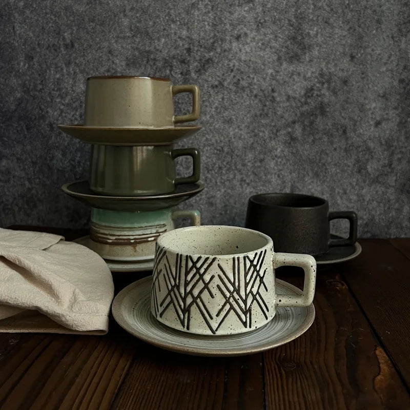 Cavella Patterned Tea and Coffee Cup Set – Textured Ceramic Cup and Saucer 250ml