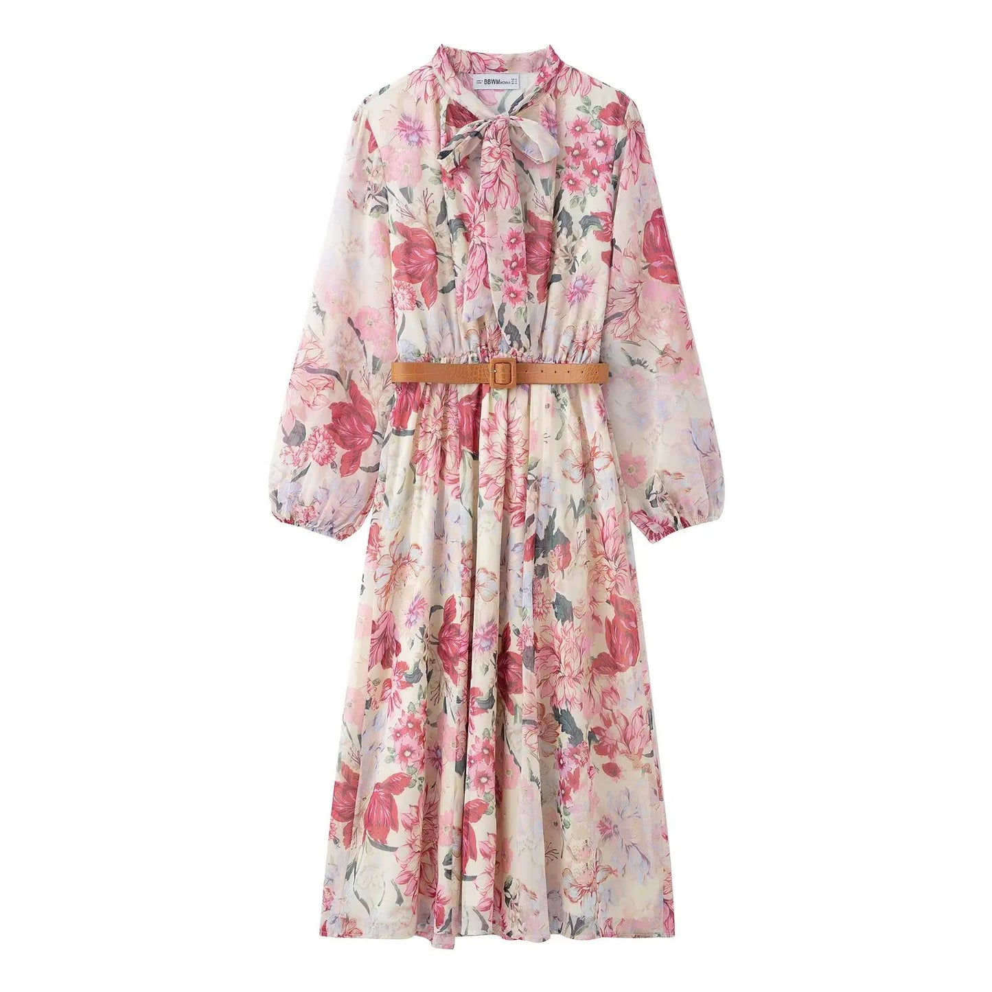 Marilina Floral Tie Neck Midi Dress with Long Sleeves and Belt – Pink Vintage-Inspired Summer Occasion