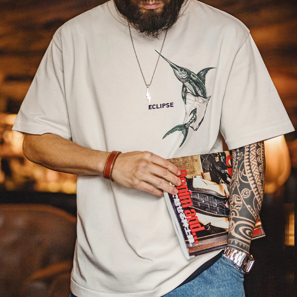 Marlin Men’s Graphic T-Shirt – Oversized Crew Neck Heavyweight 100% Cotton Tee with Fish Print