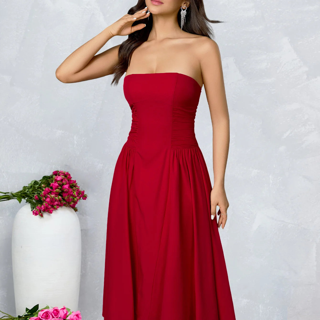 Selaris Strapless Fit and Flare Midi Dress – Strapless Evening Midi Occasion Dress for Women
