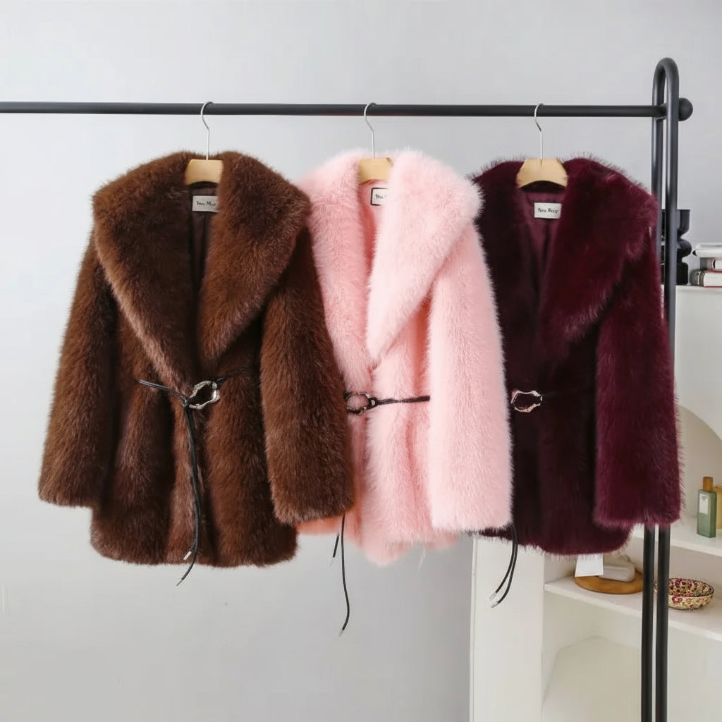 Marquelle Belted Plush Faux Fur Coat – Women’s Long Luxury Winter Jacket for Daywear and Evening Partywear