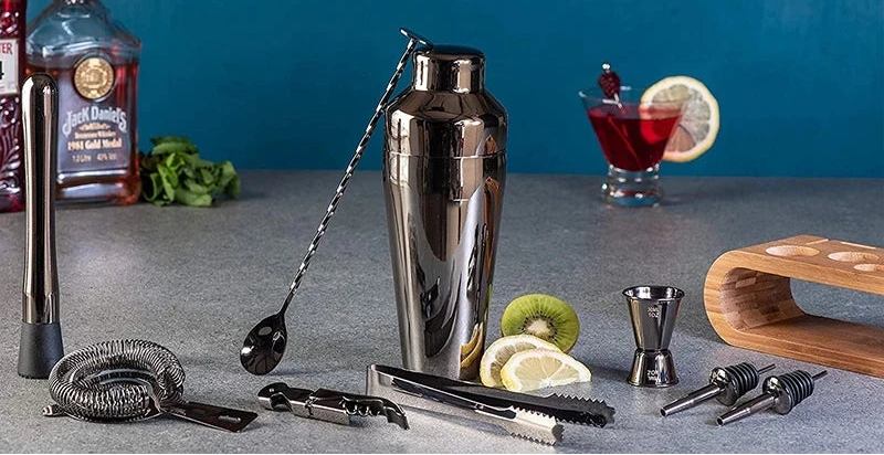 Cocktail Shaker 10-Piece Set with Bamboo Stand – Stainless Steel Mixology Bar Kit for Home Entertaining & Bartending