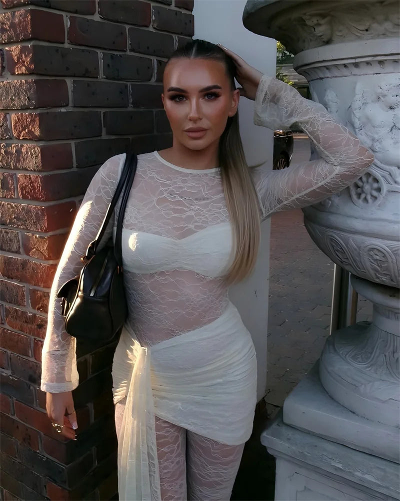 Vionara Lace Sheer Jumpsuit with Draped Wrap Detail – Long Sleeve Mesh Eveningwear for Party & Occasion Outfits