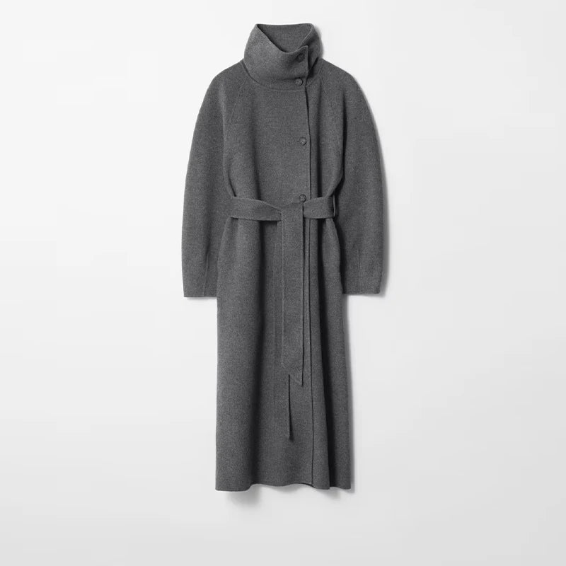 Adelisse Belted High Neck Wool Blend Maxi Coat – Women’s Longline Winter Overcoat with Statement Collar