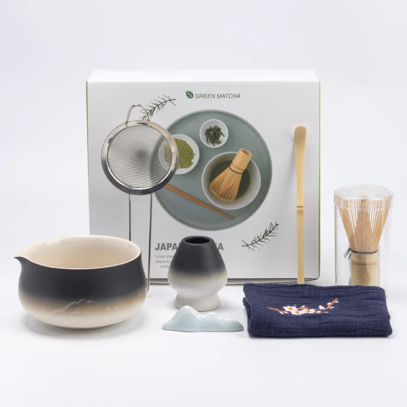 Fuji Mist Japanese Matcha Tea Set – 5, 6 & 7 Piece Ceramic Matcha Bowl & Whisk Kit for Traditional Matcha Making