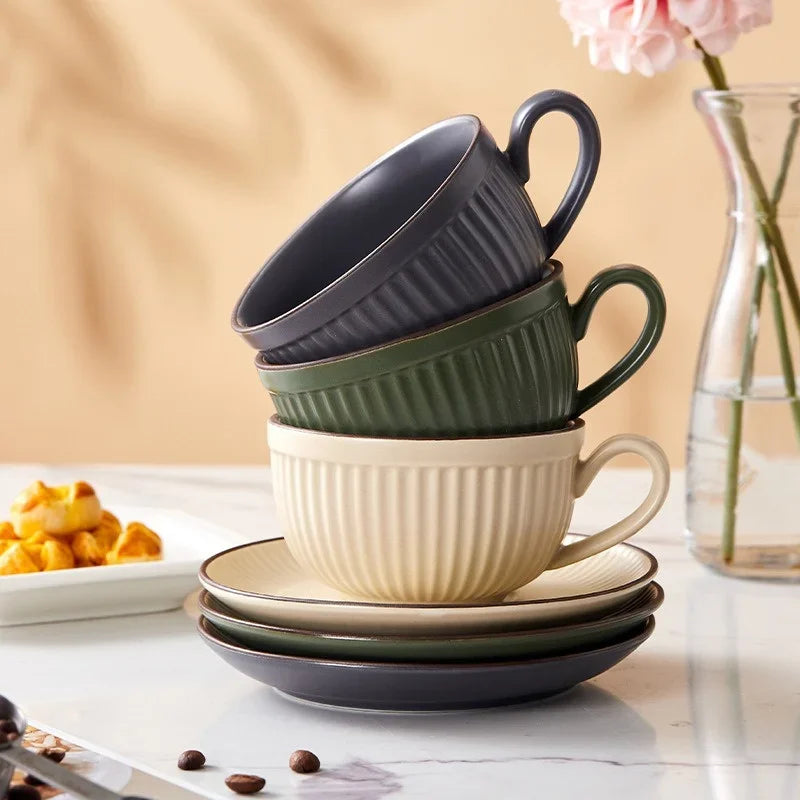 Ribbed Ceramic Tea and Coffee Cup and Saucer Set – Textured Cup with Handle, Modern Kitchen Drinkware