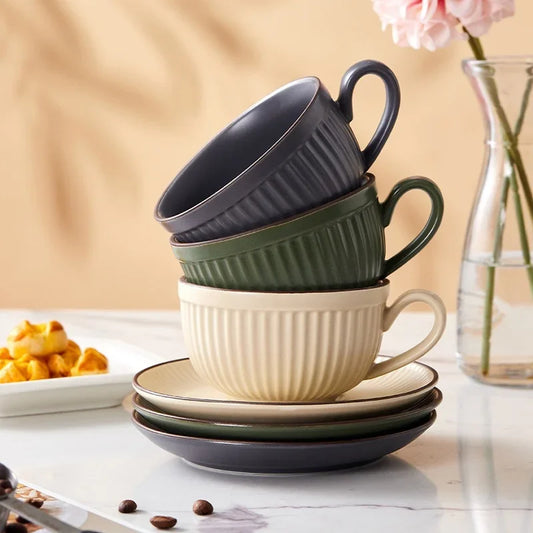 Ribbed Ceramic Tea and Coffee Cup and Saucer Set – Textured Cup with Handle, Modern Kitchen Drinkware