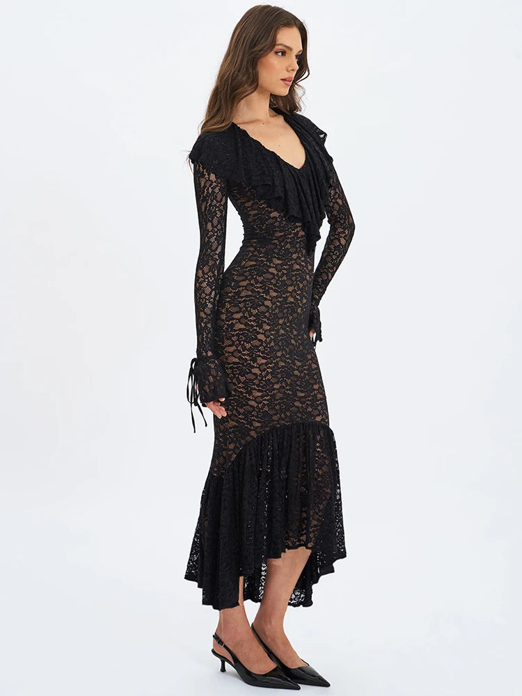 Milenna Lace Bodycon Midaxi Dress – Long Sleeve Black Occasionwear Formal Evening Gown