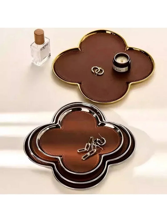 Luxury Clover Leather Tray – Decorative Organiser for Jewellery, Keys & Desk Accessories in Gold & Silver