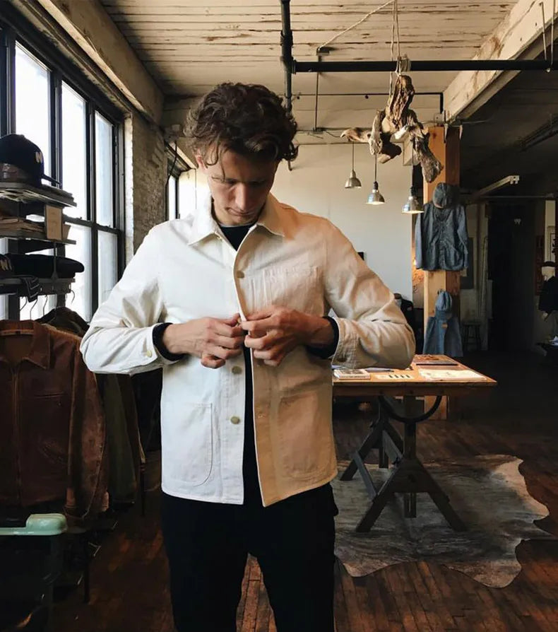Marlowe Men’s Cream Denim Jacket – Button Up Utility Jacket with Large Pocket Detail and Classic Collar