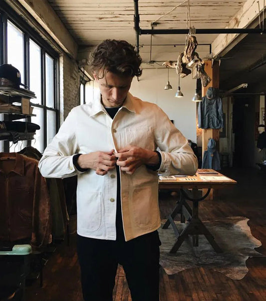 Marlowe Men’s Cream Denim Jacket – Button Up Utility Jacket with Large Pocket Detail and Classic Collar